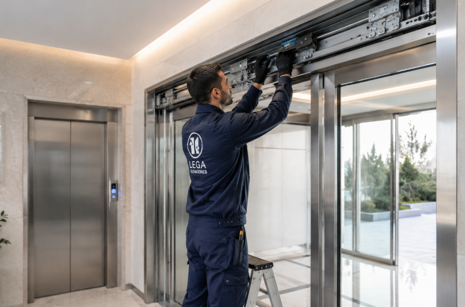 Técnico de Lega Elevadores ajustando una puerta automática