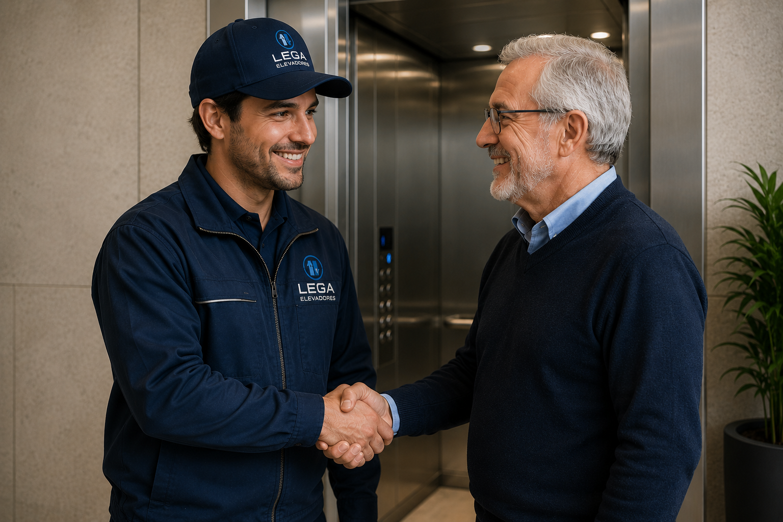 Técnico de Lega Elevadores saludando a un cliente junto a un ascensor